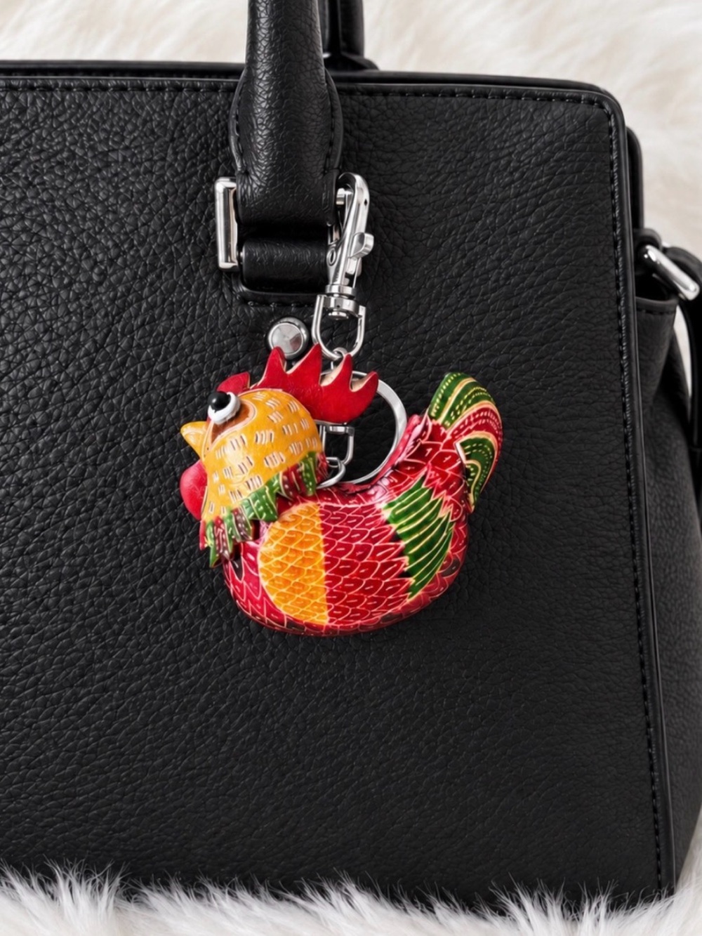 Leather Rooster Keychain Bag Charm Key Ring Handmade Gift New
